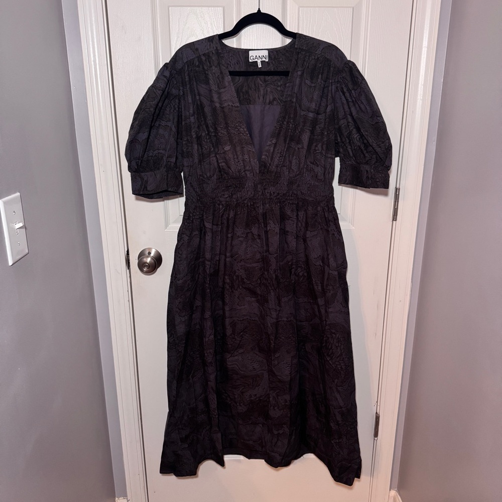 GANNI Puff Sleeve V-Neck Midi Dress